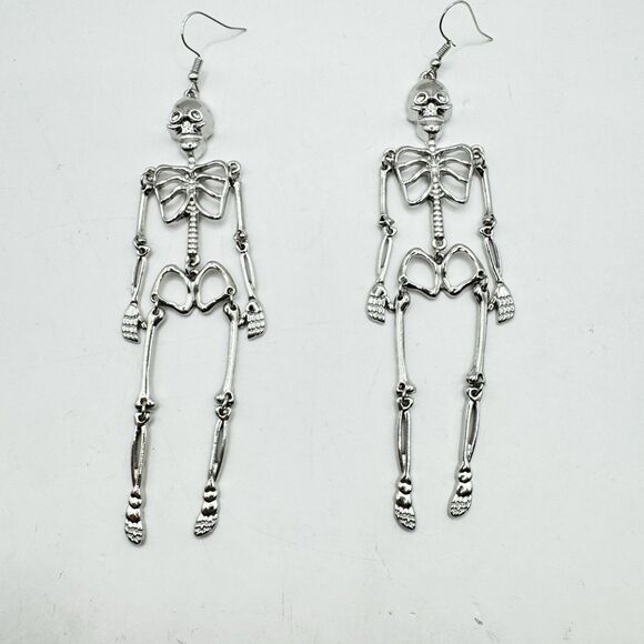 Halloween Skeleton Long Dangle Earrings Silver Tone 5” - Picture 4 of 5